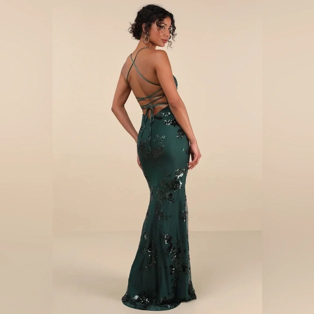 Lulus Valhalla Forest Green Sequin Lace-Up Maxi Dress - Picture 3 of 7